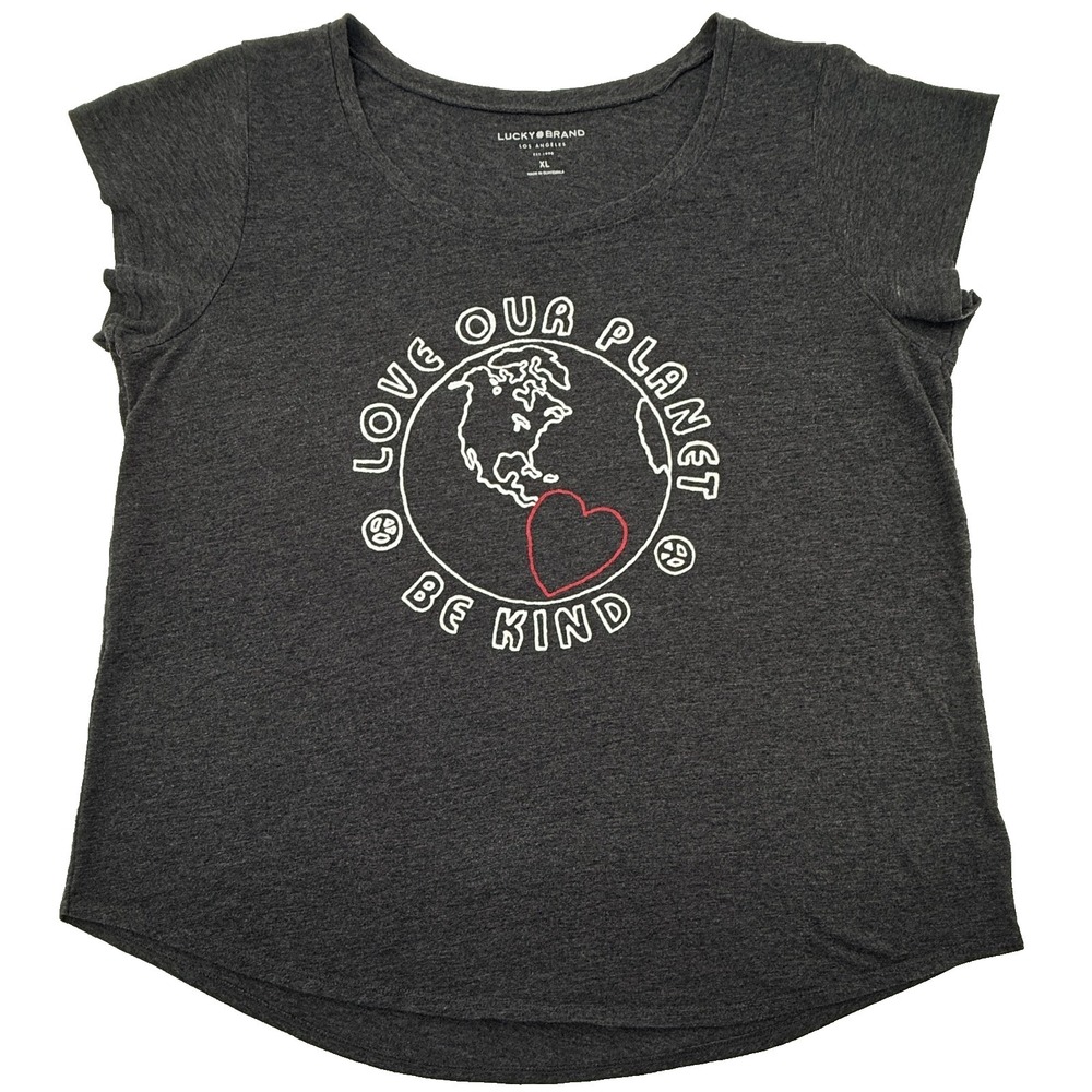 Lucky Brand Womens XL Graphic Tee Love Our Planet Be Kind Gray Shirt